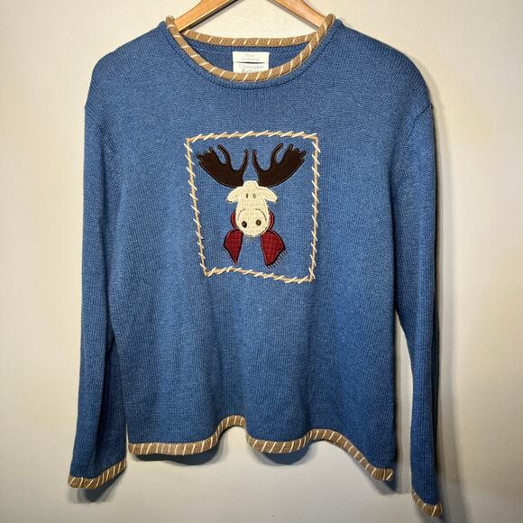 VTG Christopher & Banks Sweater Hand Embroidered Blue Holiday Moose Knit L - Picture 1 of 7